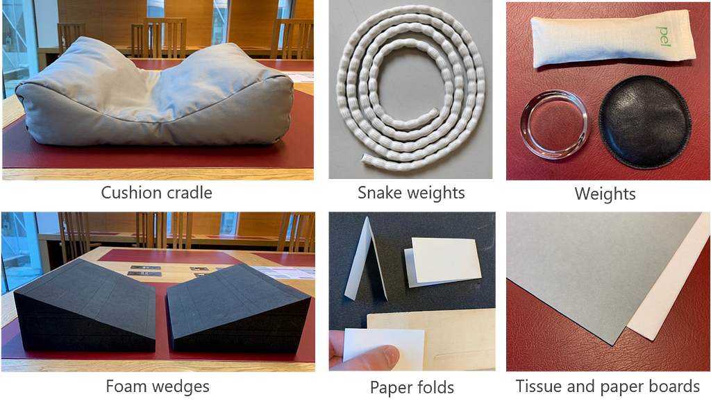 A collage of photos showing various tools and supports used to safely handle and access books and archives. These include a book cushion cradle, snake weights, soft weights, foam wedges, paper folds, acid free tissue and paper boards.