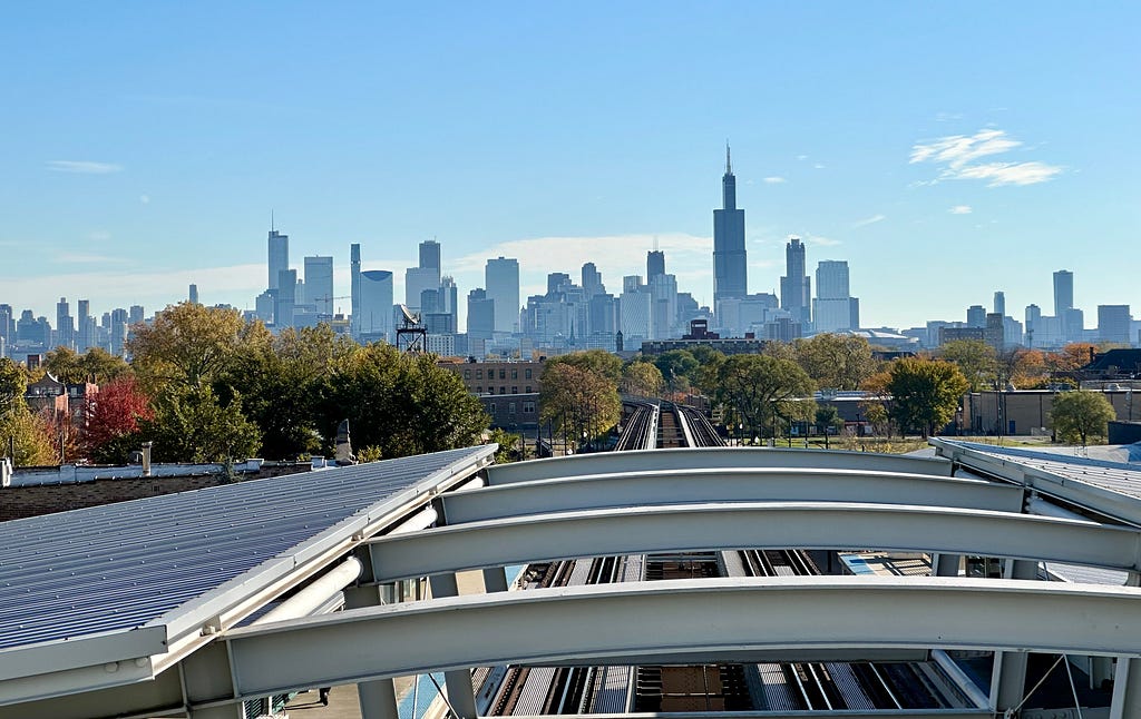 photo of downtown Chicago taken from the California Green Line station