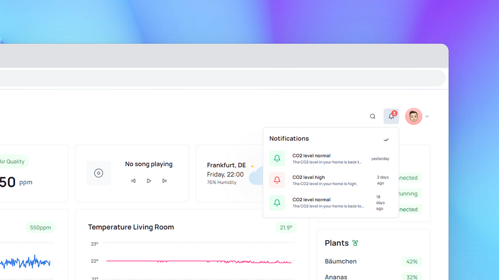 Dashboard Notification Center showing notification about air quality.