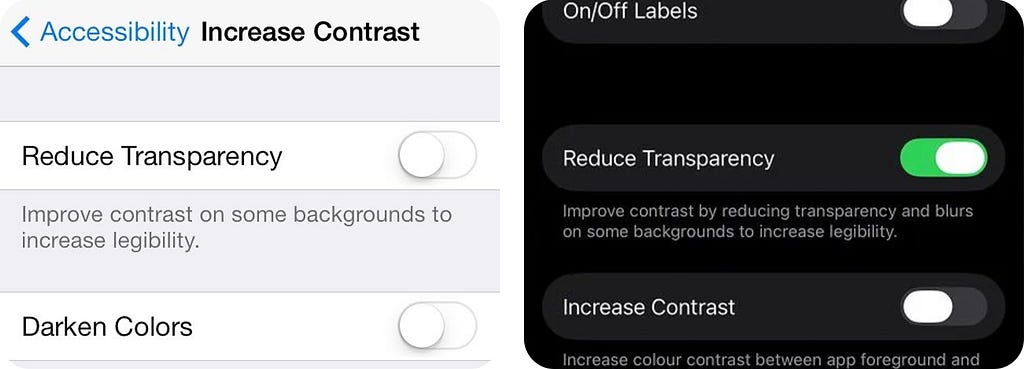 Side-by-side comparison of iOS Accessibility settings in iOS7 and iOS26 showing the ‘Reduce Transparency’ and ‘Increase Contrast’ options.