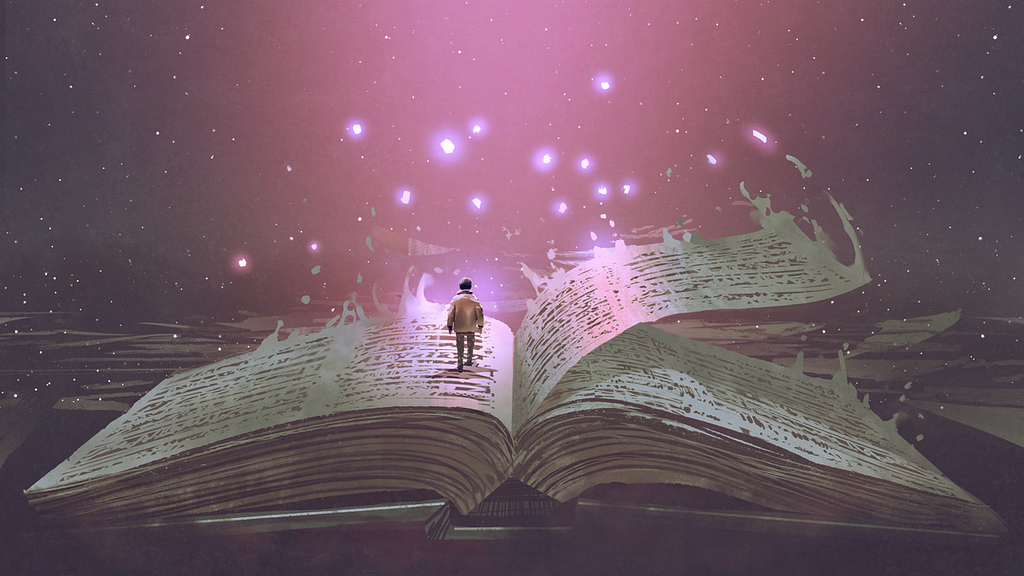 Image: A figure walking away across the open pages of a huge and glowing book.