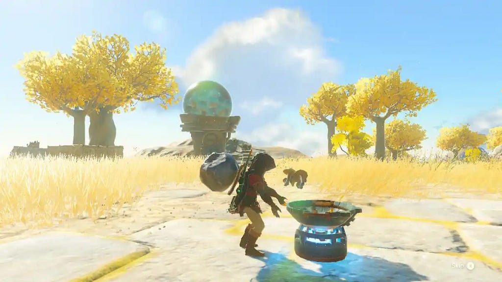 Legend of Zelda protagonist, Link, is shown cooking food using a portable pot.