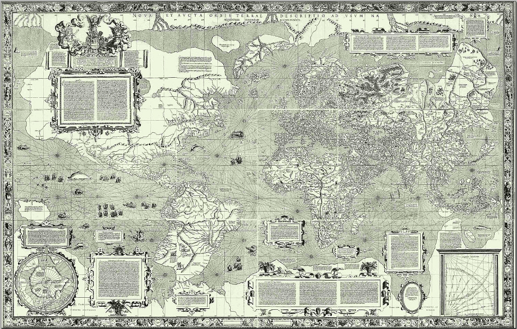 Mercator 1569 world map (Nova et Aucta Orbis Terrae Descriptio ad Usum Navigantium Emendate Accommodata) showing latitudes 66°S to 80°N. Attribution: Wikipedia.org