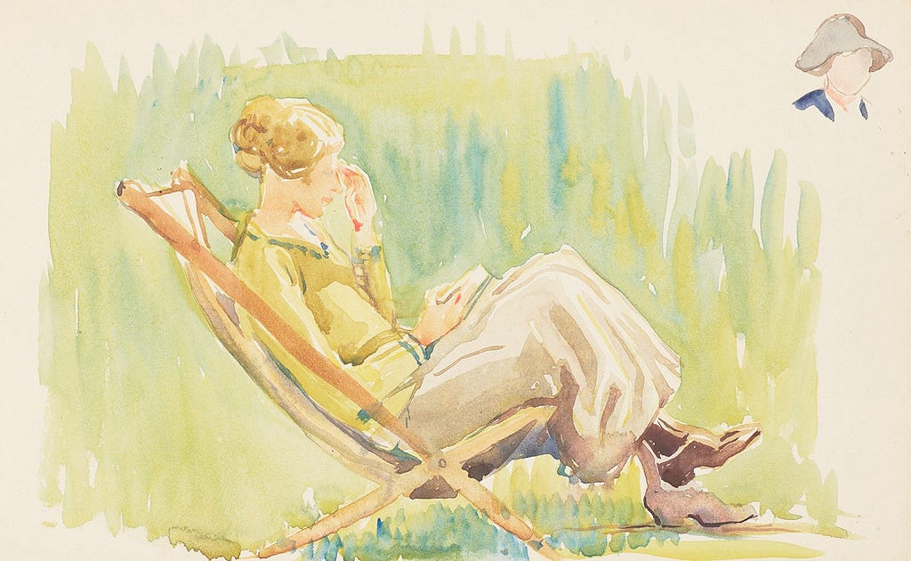 Watercolour painting by Margaret Pilkington of a woman sat in a deckchair reading, 1920
