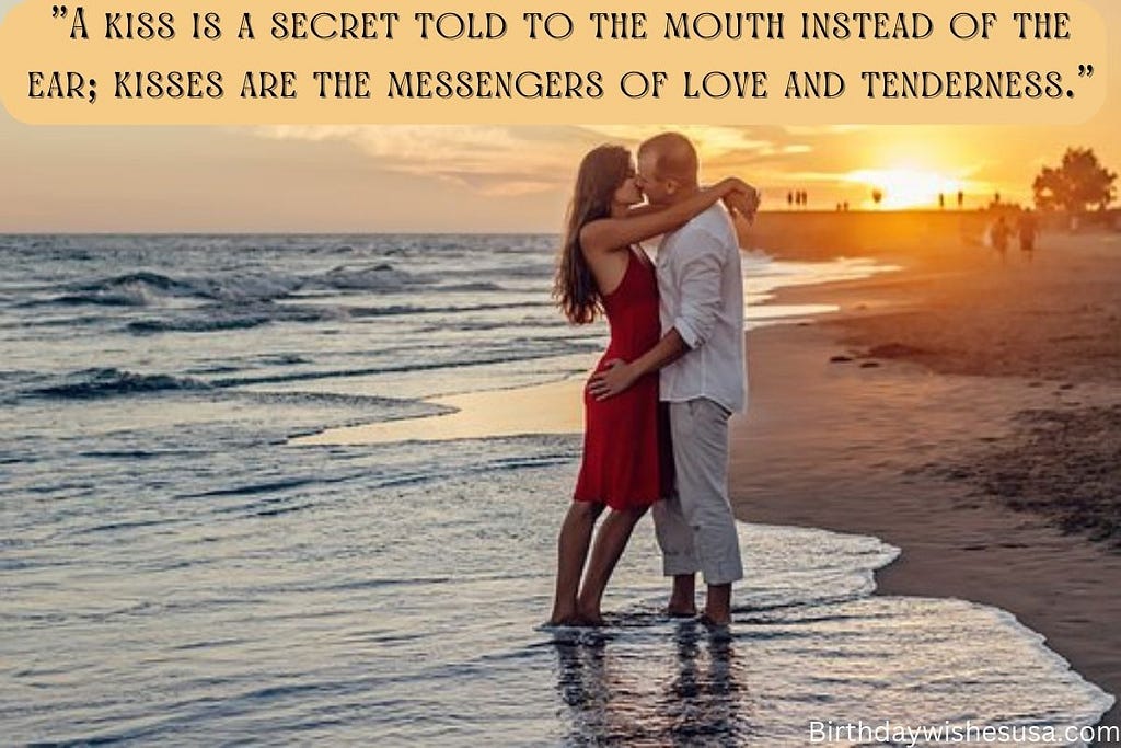 A couple kissing each other in beach with love quote