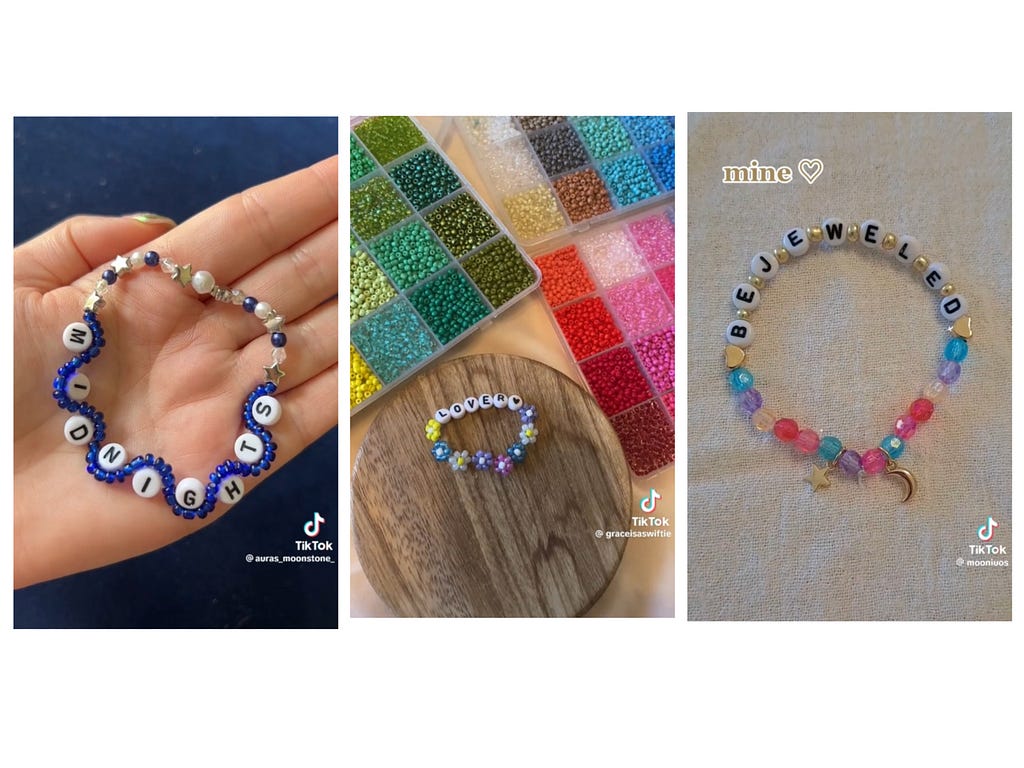 Image of three separate bracelets for the eras Tour. Midnights (Left), Lover (Middle), Bejeweled (Right).