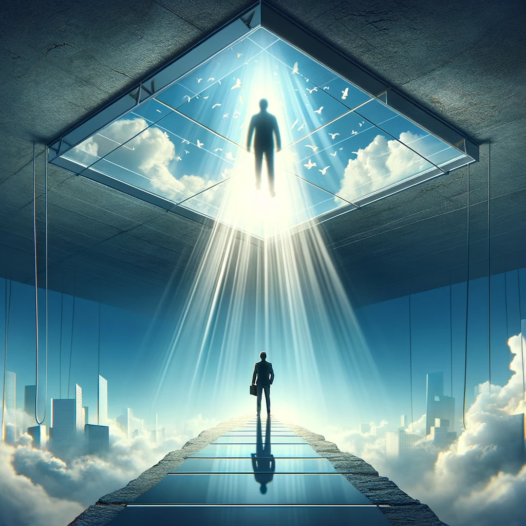 he image depicts a person standing at the base of a metaphorical glass ceiling, looking upwards, with rays of light shining through, symbolizing the hope and potential to break through self-imposed limits. This setting conveys the theme of personal growth and overcoming self-limiting beliefs.