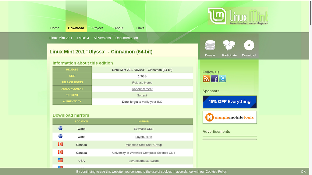 Site do Linux Mint — página de download — 3