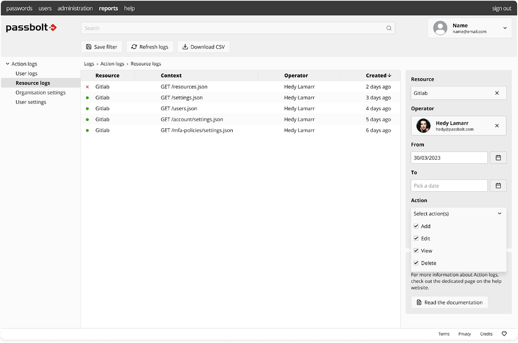 Passbolt reports workspace — Audit Logs — Filtered Resource Log