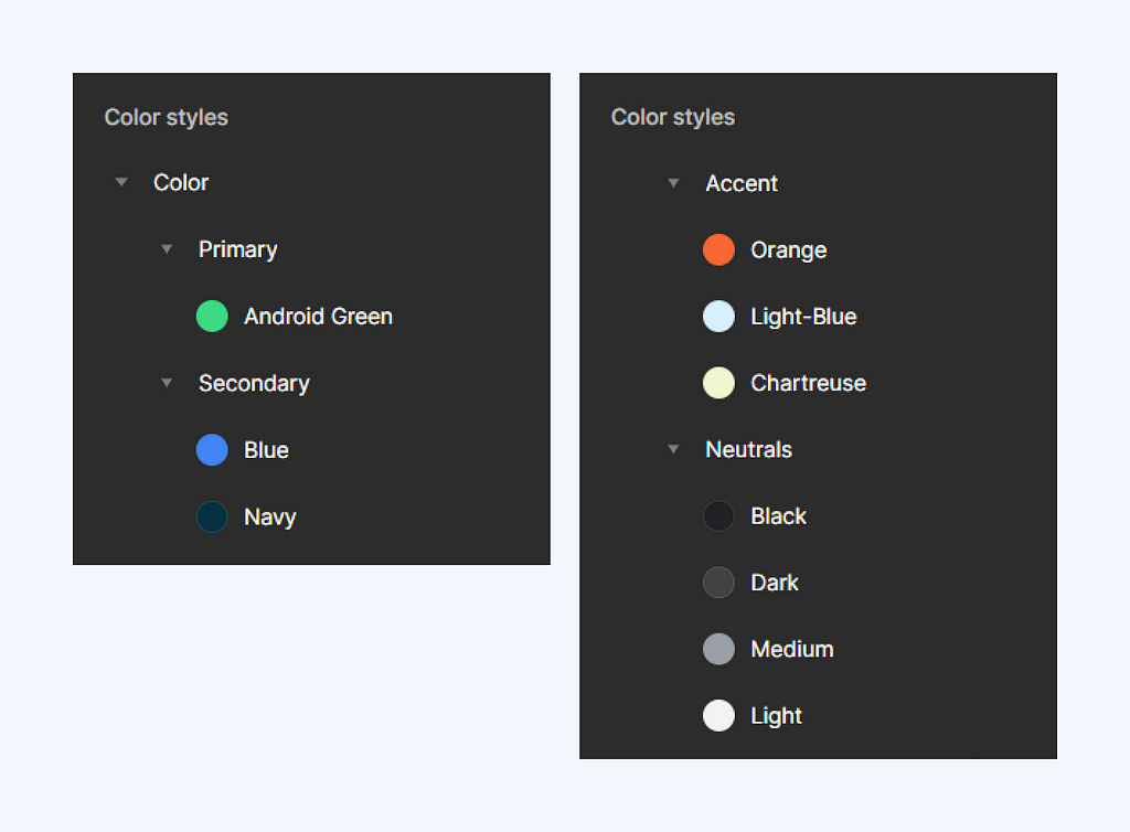 I’ve displayed a color style used to ensure a consistent and unified design look and feel.