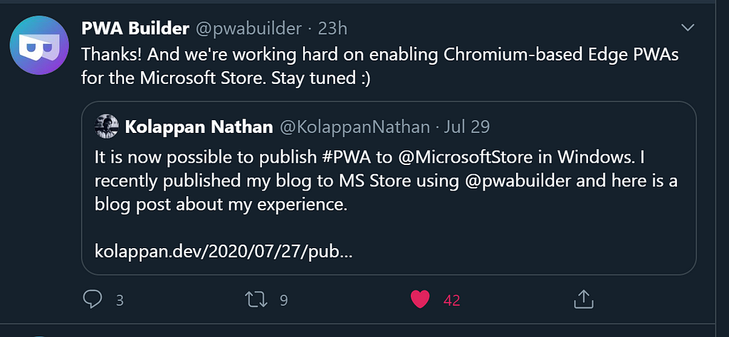 A screenshot of the tweet for the work we are doing on Chromium Based Edge PWAs in the Microsoft Store