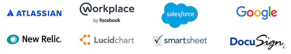 Various Workflow management tool logos, including Salesforce and Workplace by Facebook