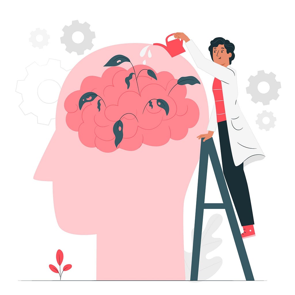 An illustration which shows a man watering plants inside a brain