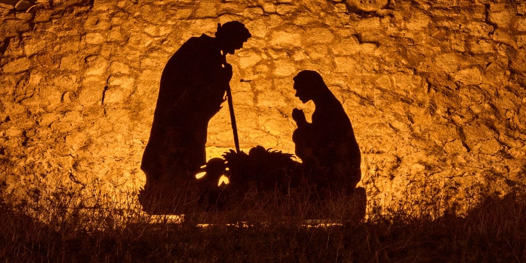 Manger scene…Joseph and Mary at Jesus’ birth. Jesus is in a manger, Joseph is leaning on his staff and Mary is praying.