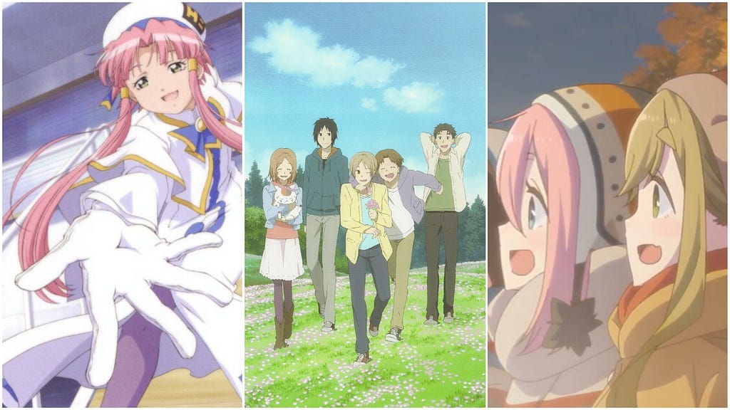 Screenshots and artwork from Aria The Animation, Natsume’s Book Of Friends, and Laid-Back Camp.