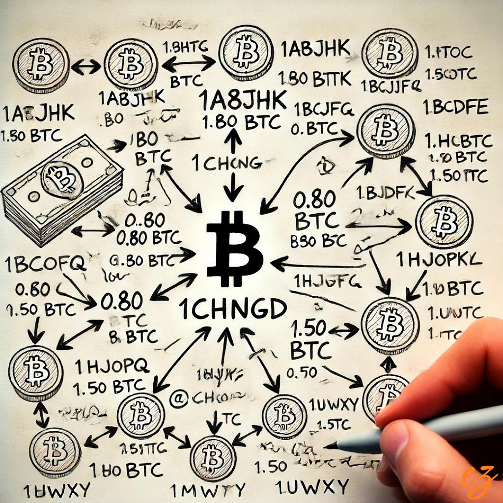 A hand-drawn diagram illustrating a Bitcoin transaction flow with multiple addresses and Bitcoin amounts, highlighting the change address in the center and clustering related addresses.