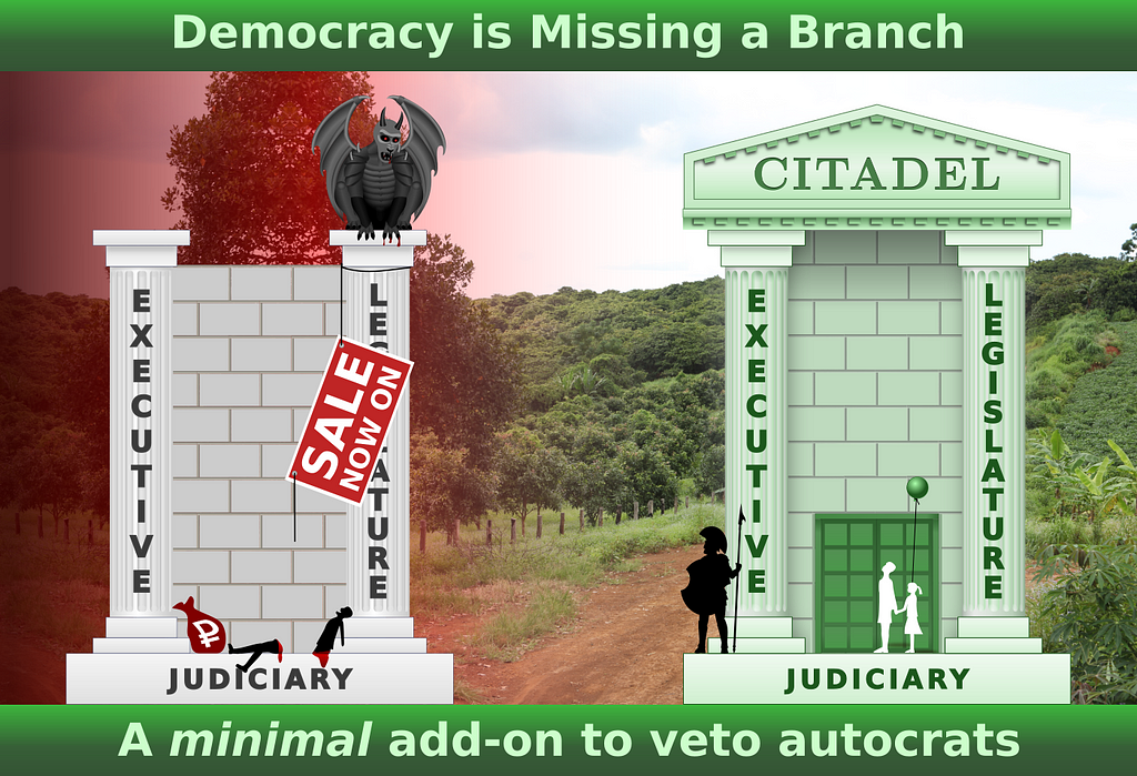 Title, democracy is missing a branch. A portico symbolises democracy. The foundation is Judiciary, two pillars for executive and legislature. A broken sign reads, for sale. A dismembered corpse lays below beside a bag of money. A tyrant gargoyle is perched at the top, eyeing the second portico depicting full democracy. It has an added capstone above the pillars, the citadel. Footer, a minimal add-on to counter autocrats.