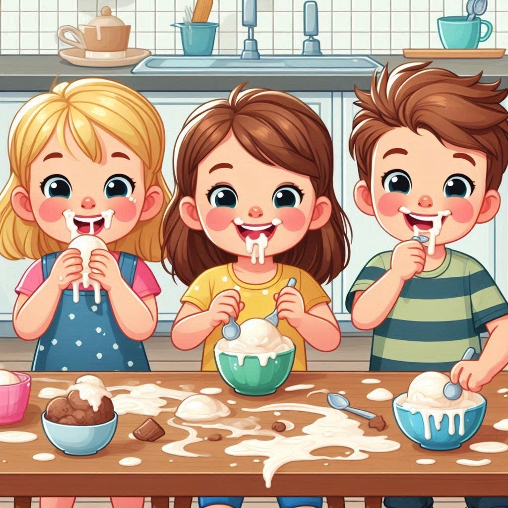 Three kids enjoying their ice cream while making a mess.