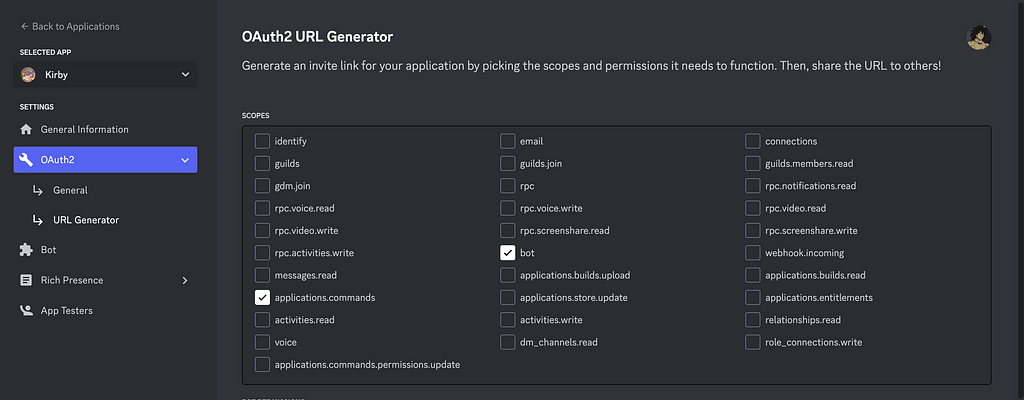 Discord developer application 0auth2 and url generator tab