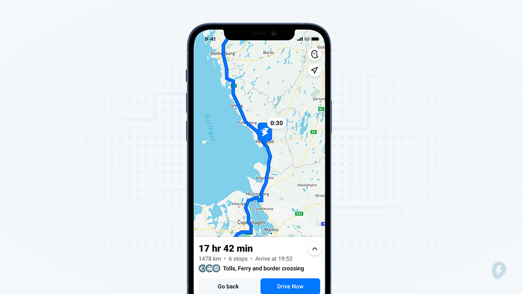 Map showing part of a route and a charge stop