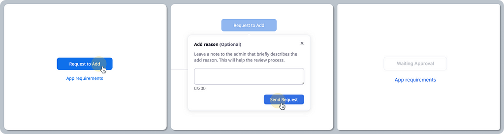 A composition of three screenshots showing how Zoom’s marketplace streamlines the approval process via a dedicated “Request app” flow. The first screenshot shows a close-up of the “Request to Add” button. The second screenshot shows a pop-over that appears after clicking that button. The popover has the heading “Add reason”, including an editable text area and a confirmation “Send Request” button. The last screenshot shows a disabled button labeled “Waiting Approval”, after the request was sent.