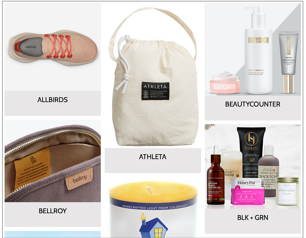 Screenshot of Mayven homepage showing thumbnail images of the following products: Allbirds shoes, Athleta bucket bag, Beautycounter creams, Bellroy zipper pouch and a variety of personal care products from BLK + GRN