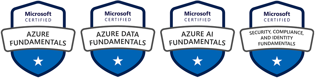Badges das certificações “Azure Fundamentals”, “Azure Data Fundamentals”, “Azure AI Fundamentals” e “Security, Compliance and Identity Fundamentals”