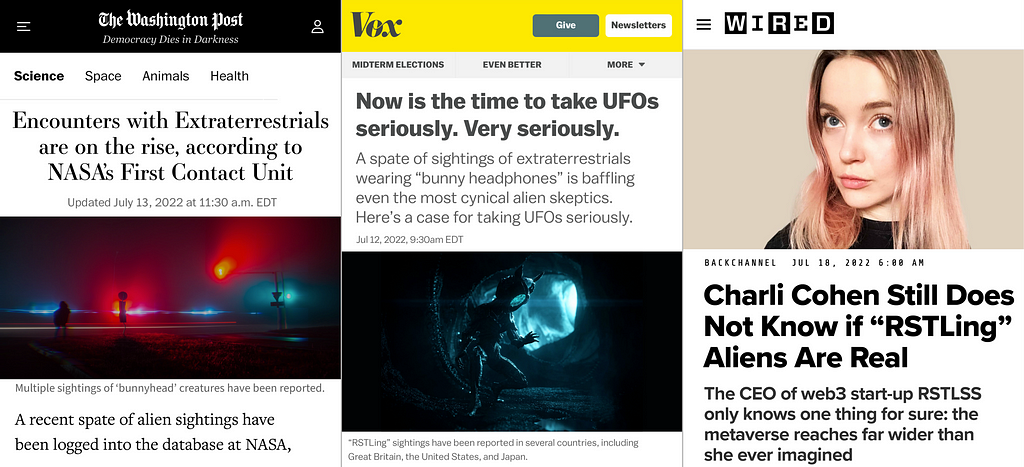 3 screenshots of articles (Washington Post, Vox, and Wired) all with headlines regarding RSTLing/alien sightings