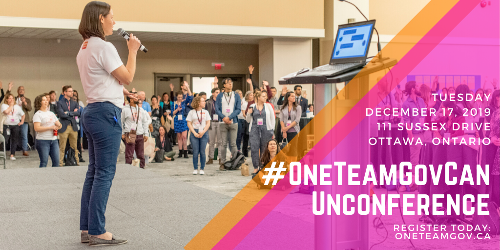 Photo from June 2019 OneTeamGov Unconference. Unconference details listed on pink & orange panel to the right of the image.