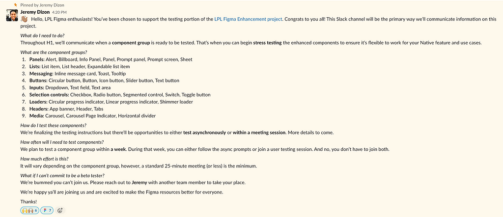 Message posted to Slack outlining the LPL Beta testing program.