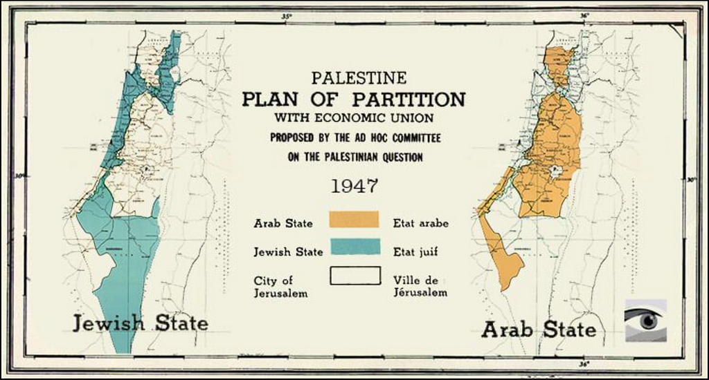 1947 UN partition plan map for Palestine.