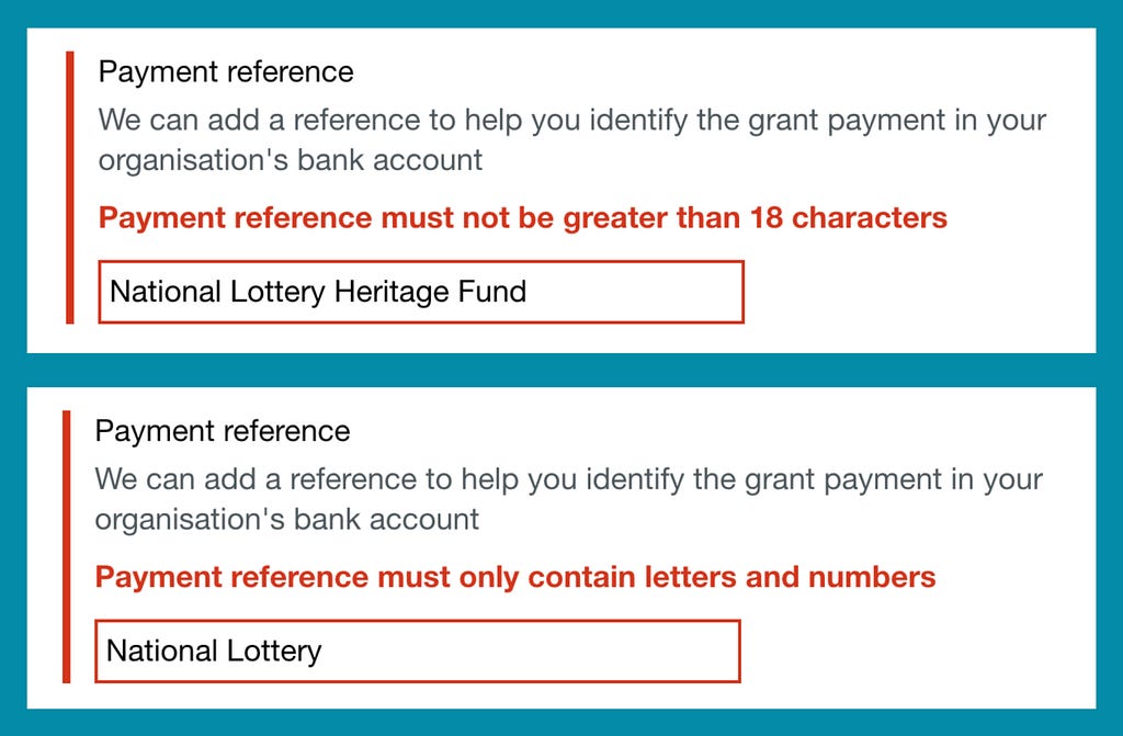 Payment reference field with two error messages. The first says “payment reference must not be greater than 18 characters” and the second says “payment refernce must only contain letters and numbers”