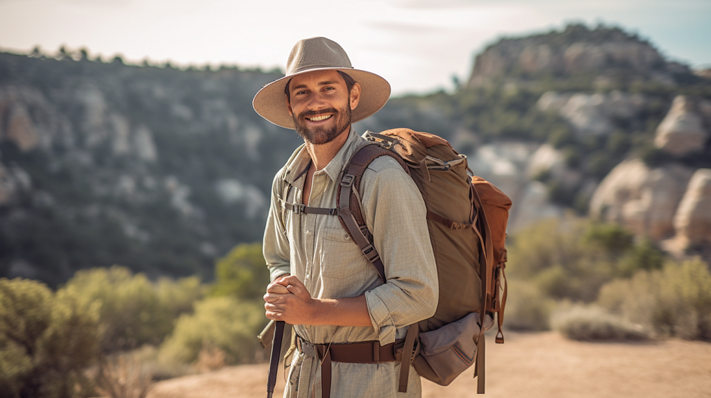Photograph of a man in his early 30s, looking healthier and radiant, standing at the end of a hiking trail with a scenic Wild West landscape in the background. He is wearing a hiking hat, dirty hiking clothes, and carries a large hiking backpack. He also holds trekking poles in one hand. The image is captured during the golden hour, emphasizing the transformative journey and holistic healing the man has experienced.