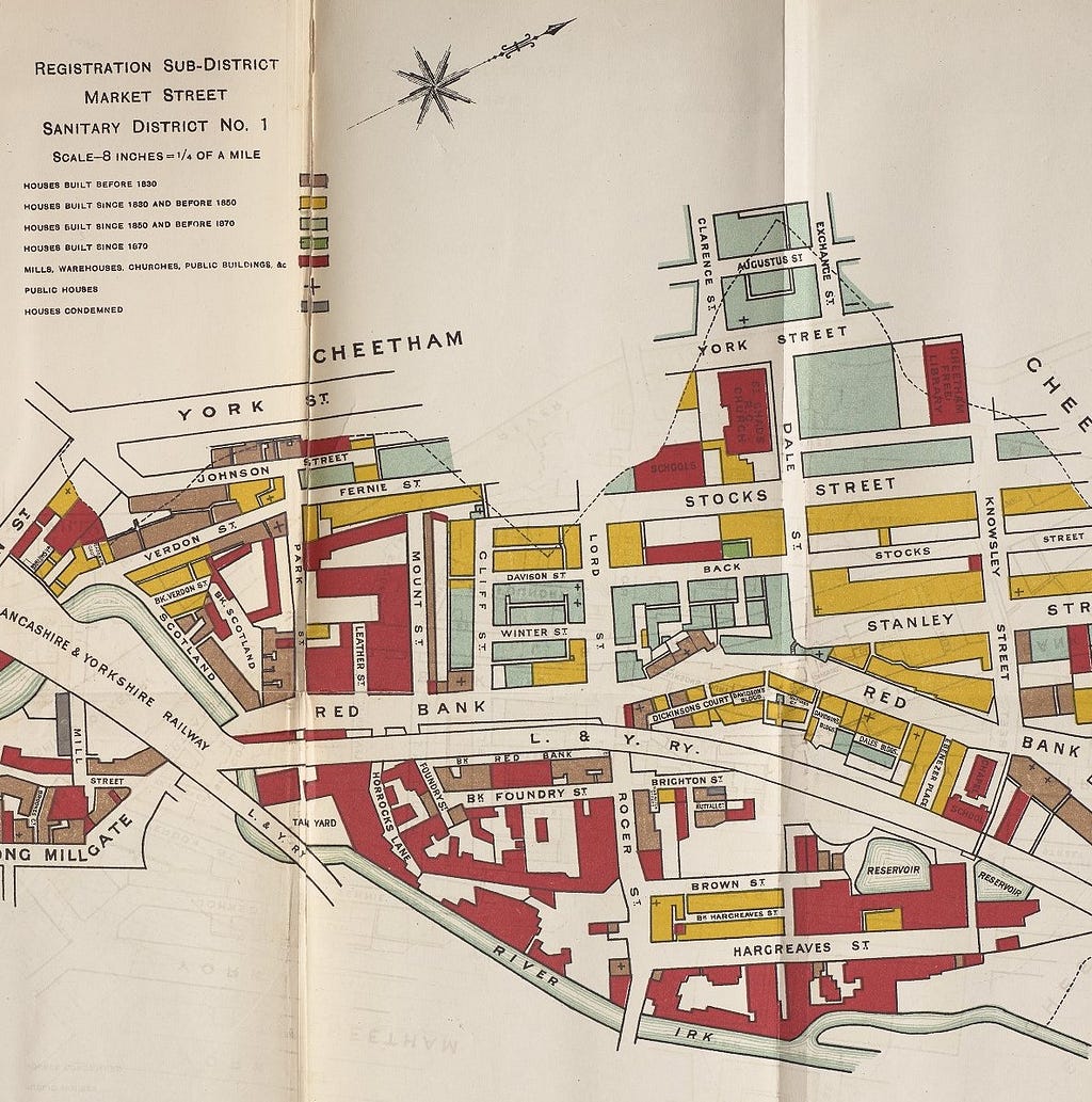 A plan which shows blocks of housing in parts of central Manchester. Different colours represent the age of housing and houses which have been condemned. Mills, warehouses, churches and public houses are also identified.