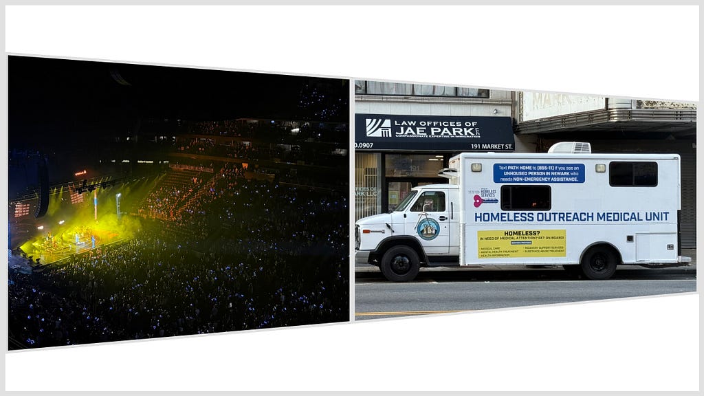 A double image — on the left is a large concert arena that is dark with twinkling lights and a yellow stage. On the right is a white van with the words “Homeless Outreach Medical Unit” on it along with the City of Newark logo and instructions on how to connect people with the services and what services are provided within the van