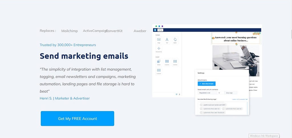 Feature of Systeme.io | sending marketing emails | Systeme.io review