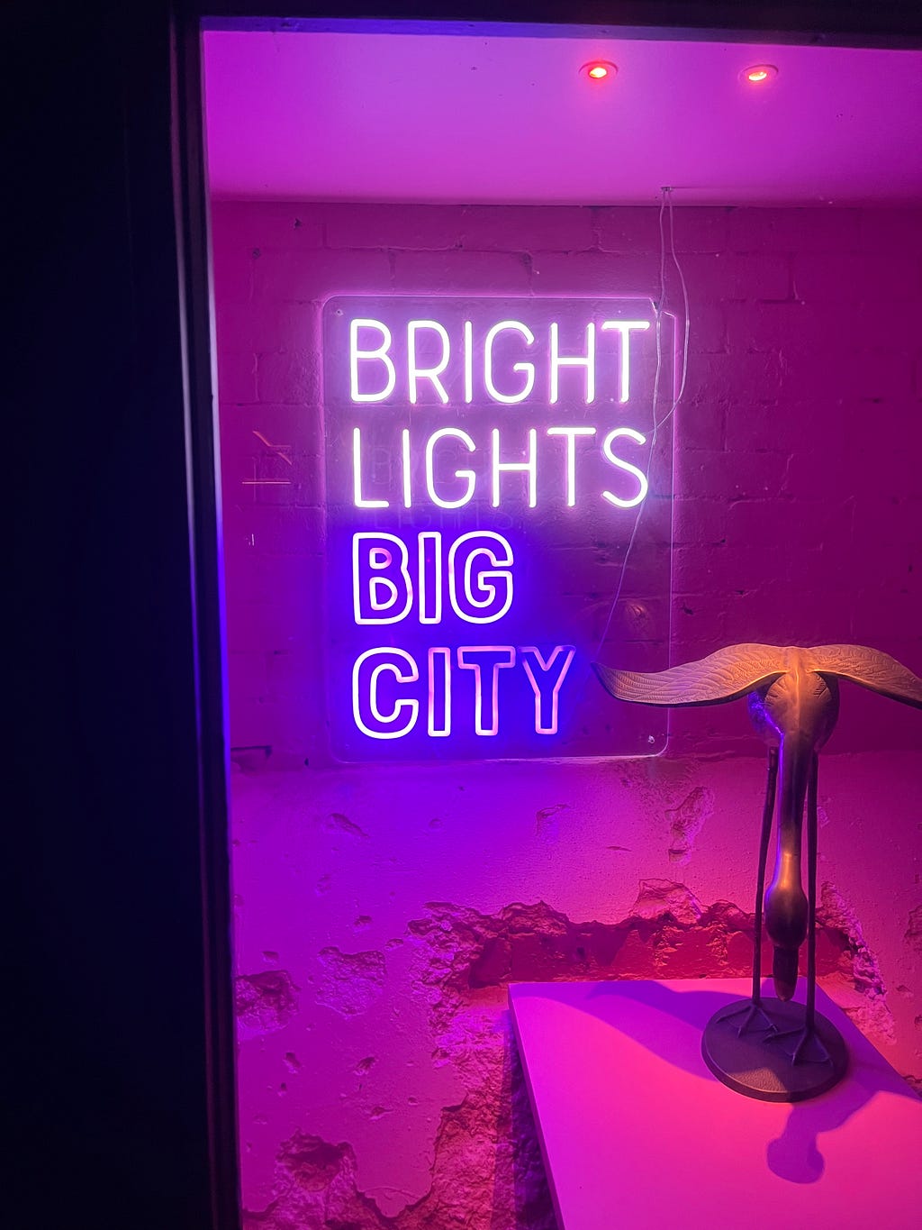 Neon lights in Father’s Office with text ‘Bright Lights Big City