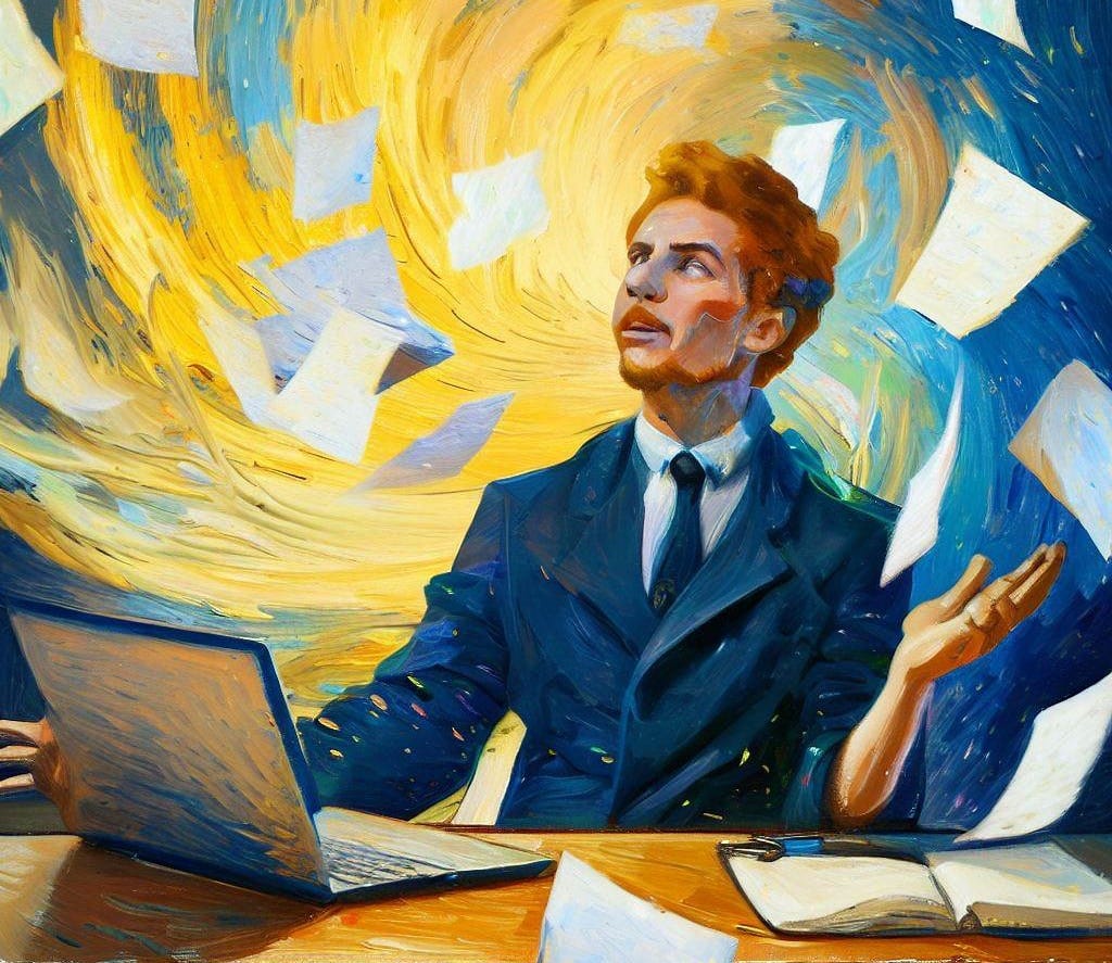 An AI-generated portrait of Vincent van Gogh sitting at a desk with a laptop and pieces of paper flying around his head. He is raising one hand in distress at his situation.