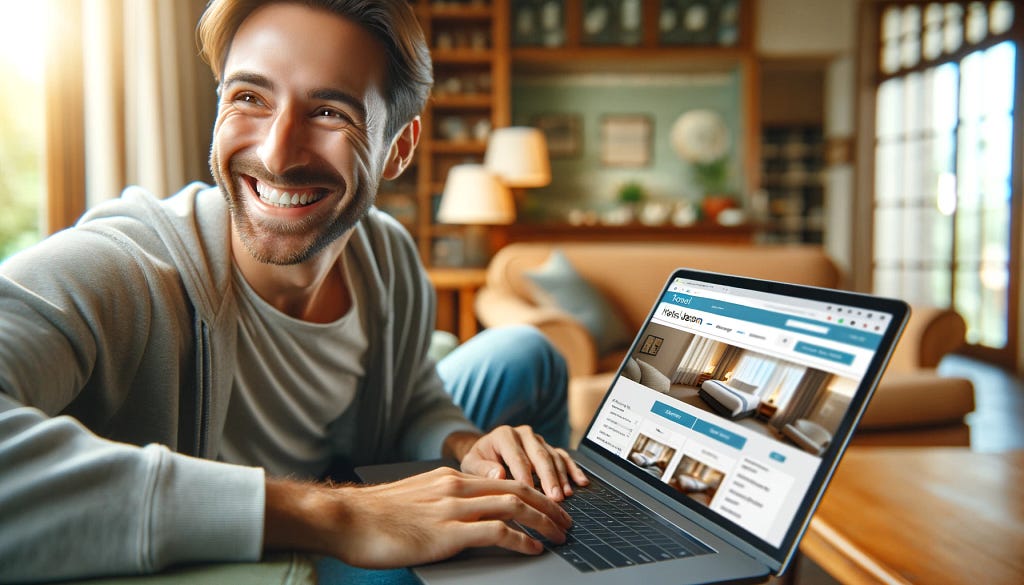 Traveler booking a hotel room on a laptop with a big smile, highlighting the ease of direct bookings.