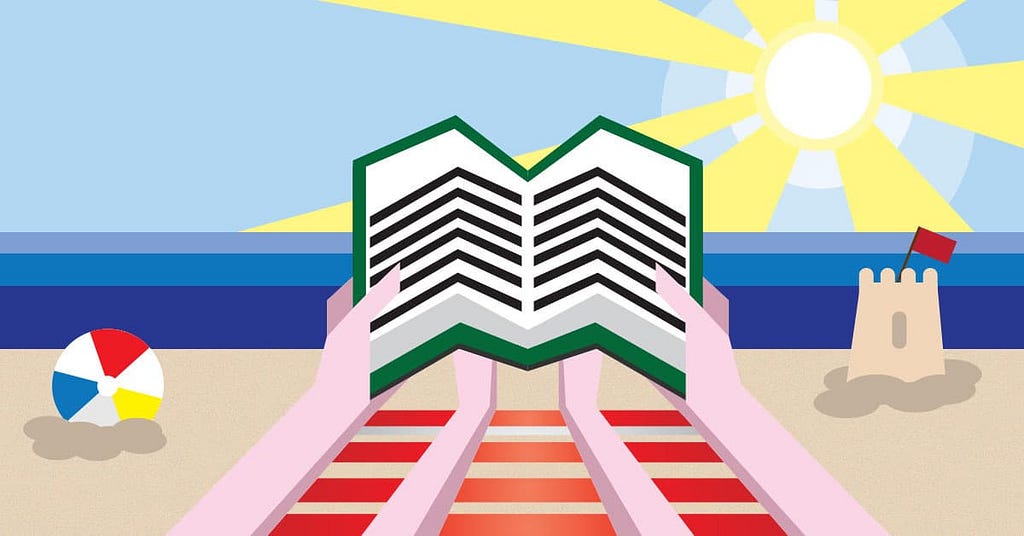 A graphic design of someone reading a book on the beach.