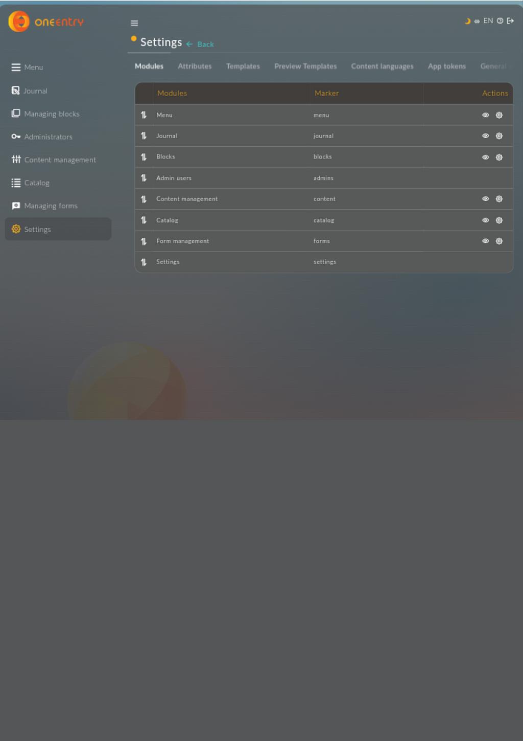 A screenshot of the Settings dashboard