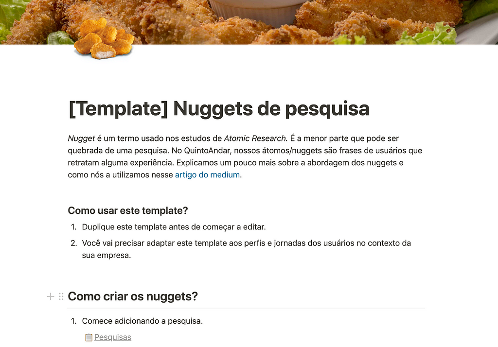 Print da tela principal do template no Notion, com foto e ícone de nuggets e o título "Template: Nuggets de pesquisa".