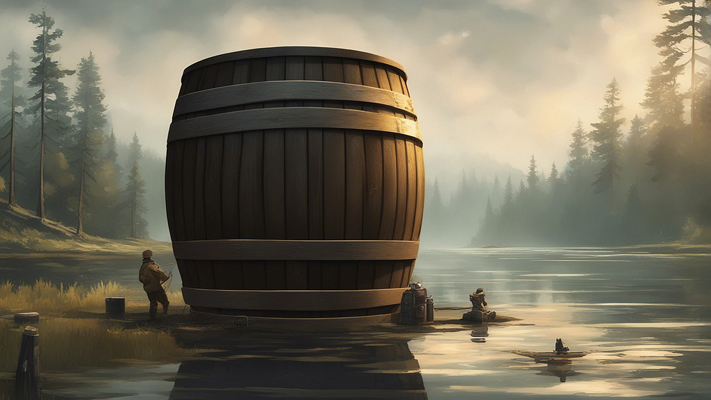 A large barrel sitting in the water near a forest.