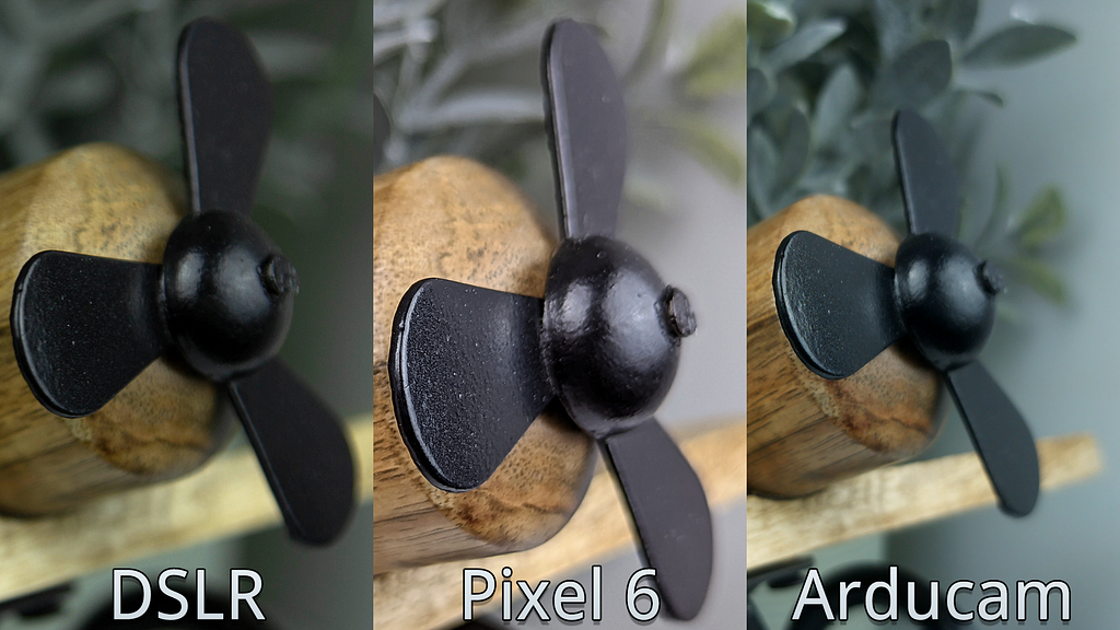 3 images of a toy airplane propeller are arraigned in columns comparing a DSLR, Pixel 6 and the Arducam.