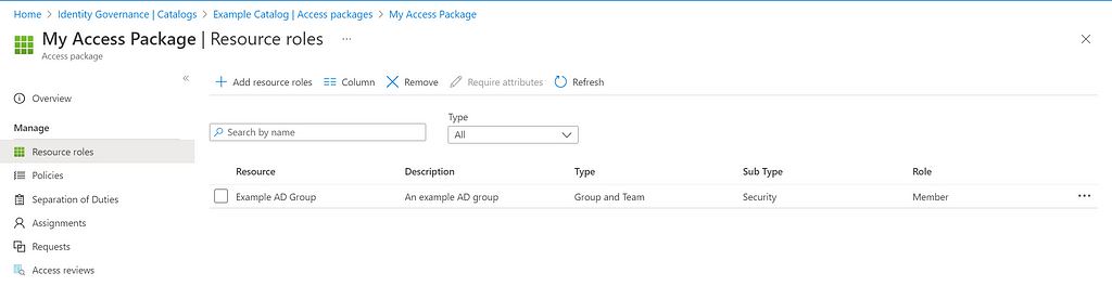 A screenshot of the Azure Portal showing an access package containing an Azure AD group named “Example AD Group”