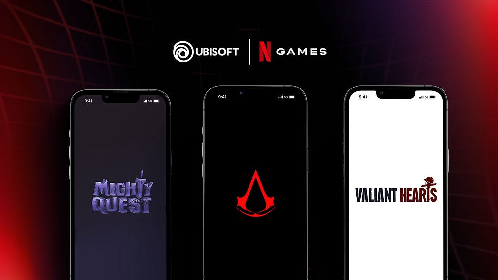 Promotional image showing three smartphones aligned side by side, each displaying a different game splash screen, with Ubisoft and Netflix Games logos above, representing a multi-game mobile platform.