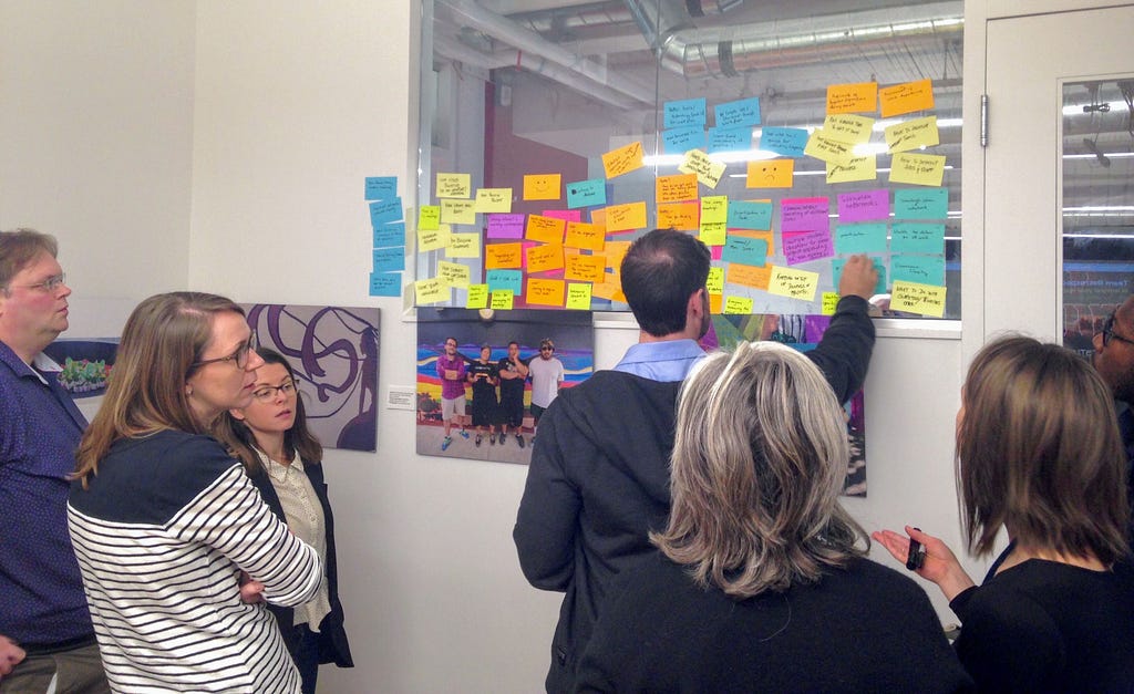 A group of workshop participants adding post-it notes to a wall