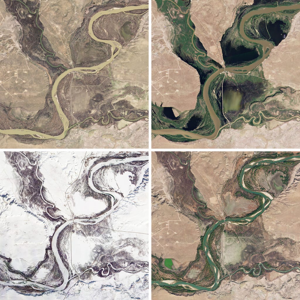 Satellite views of the Green River during four seasons.