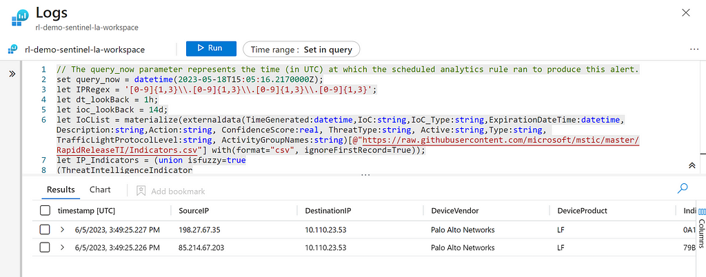 KQL showing the analytics rule results