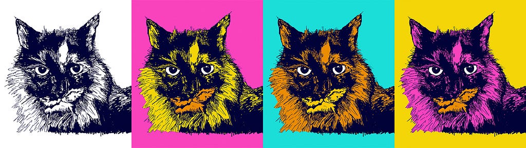 A quadtych image of a tortoiseshell tabby cat in multiple colours.